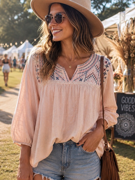 Knox Rose Tops - Knox Rose XL Blush Pink Embroidered Boho Peasant Top Long Sleeve Gauze Tunic